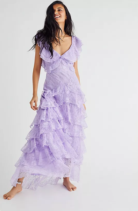 Robe de bal élégante lilas à col en V, robe de soirée fourreau en dentelle, robe de soirée longue à volants, robe formelle DP6725