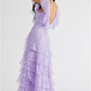 Elegant Lilac V-neck Prom Dress Lace Sheath Evening Gown Long Party Dress Tiered Formal Dress DP6725