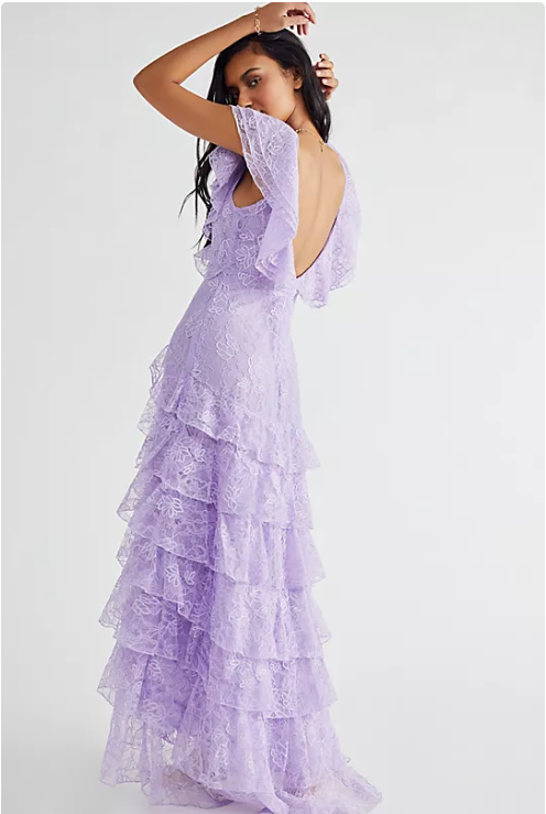 Elegant Lilac V-neck Prom Dress Lace Sheath Evening Gown Long Party Dress Tiered Formal Dress DP6725