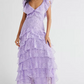 Elegant Lilac V-neck Prom Dress Lace Sheath Evening Gown Long Party Dress Tiered Formal Dress DP6725