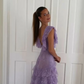 Elegant Lilac V-neck Prom Dress Lace Sheath Evening Gown Long Party Dress Tiered Formal Dress DP6725