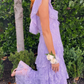 Elegant Lilac V-neck Prom Dress Lace Sheath Evening Gown Long Party Dress Tiered Formal Dress DP6725