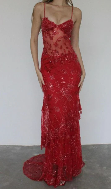 Elegantes rotes Spitzen-Ballkleid mit Pailletten, Etuikleid, langes Partykleid, Spaghettiträger, formelles Kleid, DP6726