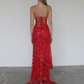 Elegantes rotes Spitzen-Ballkleid mit Pailletten, Etuikleid, langes Partykleid, Spaghettiträger, formelles Kleid, DP6726