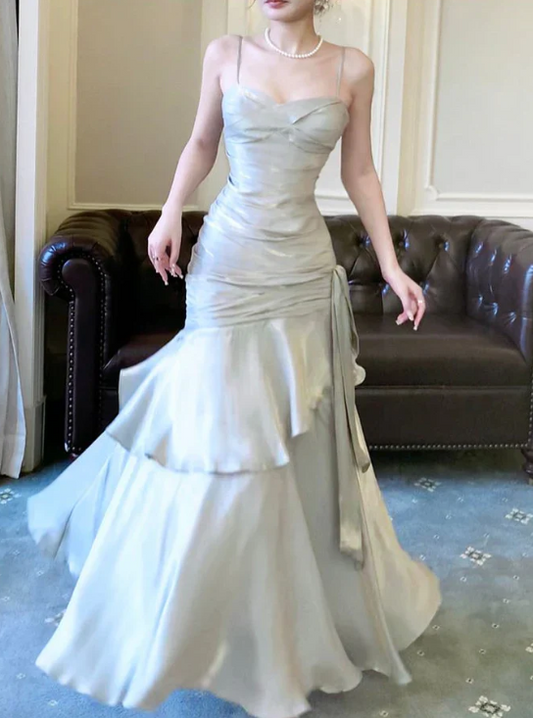 Elegant Gray Satin Prom Dress Mermaid Evening Gown Long Party Dress Spaghetti Strap Formal Dress DP6727