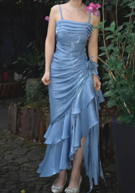 Robe de bal élégante en mousseline de soie, robe de soirée fourreau à bretelles spaghetti, robe de soirée formelle DP6728