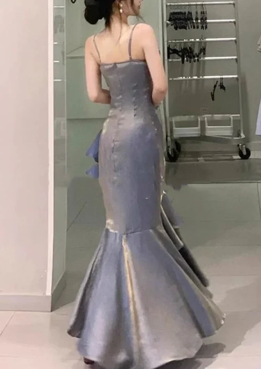 Elegant 3D Flower Satin Prom Dress Mermaid Evening Gown Party Dress Spaghetti Strap Formal Dress DP6729