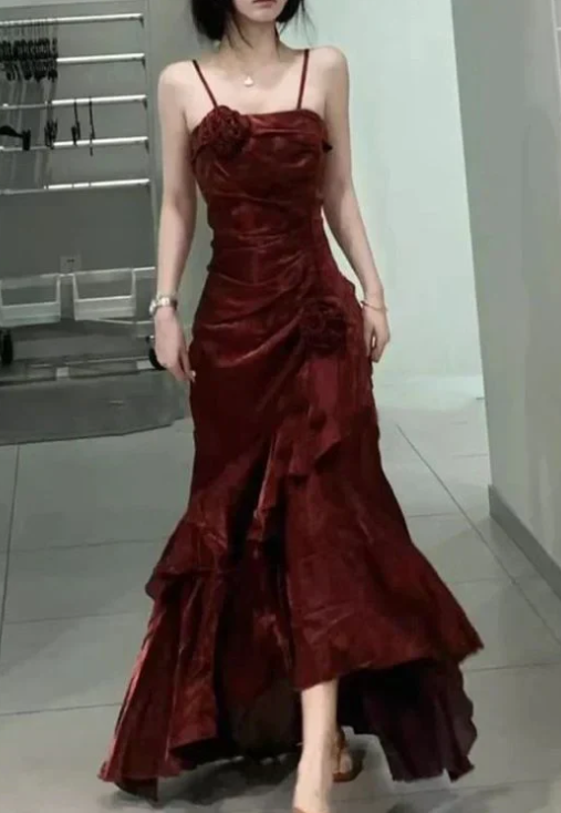 Elegant 3D Flower Satin Prom Dress Mermaid Evening Gown Party Dress Spaghetti Strap Formal Dress DP6729