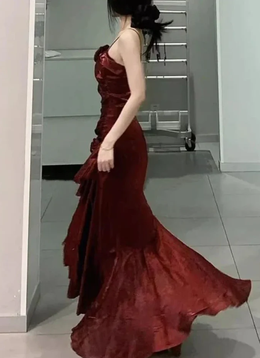 Elegant 3D Flower Satin Prom Dress Mermaid Evening Gown Party Dress Spaghetti Strap Formal Dress DP6729