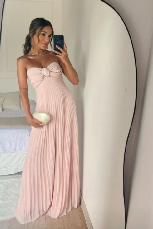 Elegant Pink Sweetheart Prom Dress A-Line Evening Gown Chiffon Pleated Party Dress Long Formal Dress DP6735
