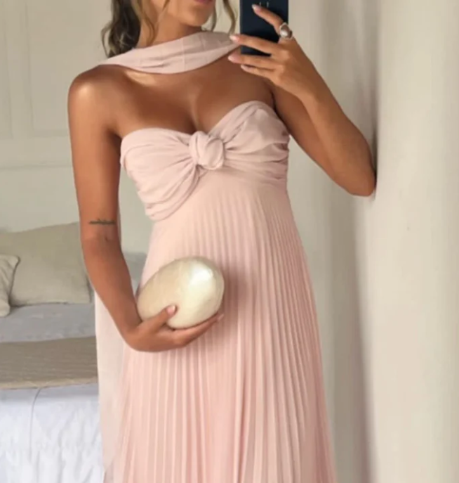 Elegant Pink Sweetheart Prom Dress A-Line Evening Gown Chiffon Pleated Party Dress Long Formal Dress DP6735