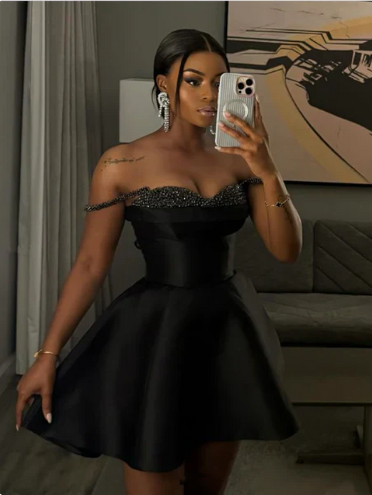 Vintage Black Beaded Satin Sweetheart A-Line Homecoming Dress Party Dress Cocktail Dress DP6737