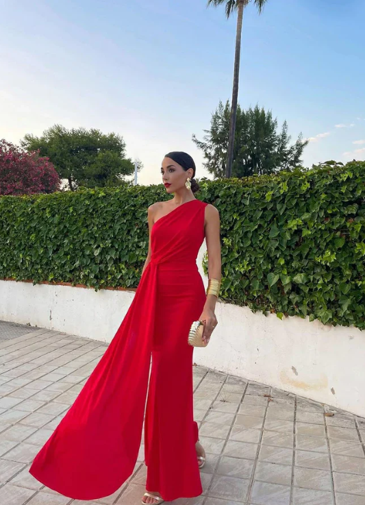 Elegant Red One-shoulder Prom Dress Sheath Evening Gown Chiffon Party Dress Wedding Long Formal Dress DP6738