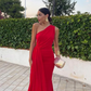 Elegant Red One-shoulder Prom Dress Sheath Evening Gown Chiffon Party Dress Wedding Long Formal Dress DP6738