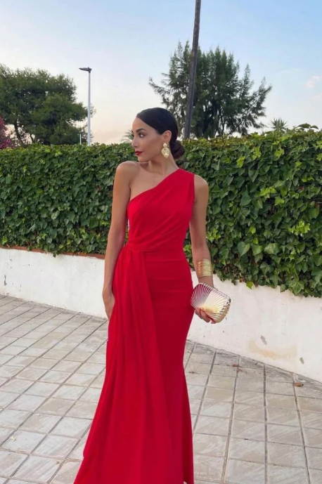 Elegant Red One-shoulder Prom Dress Sheath Evening Gown Chiffon Party Dress Wedding Long Formal Dress DP6738