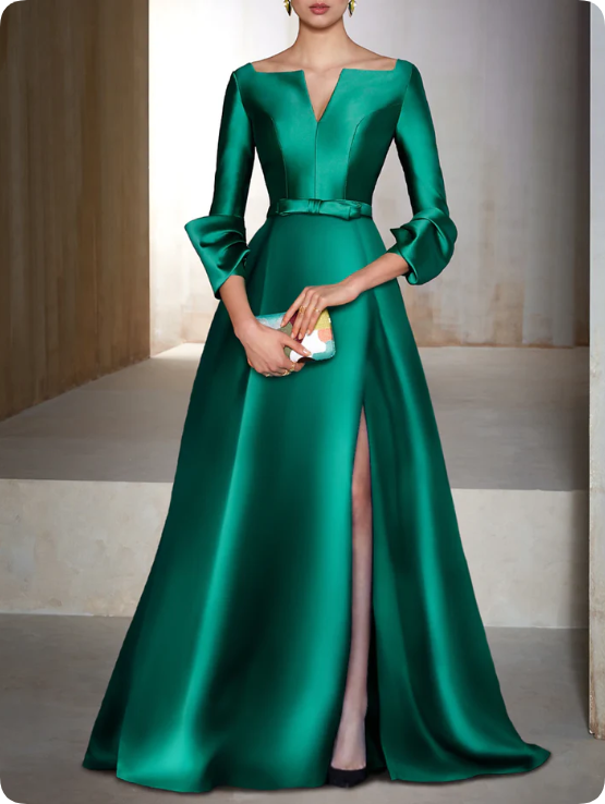 Elegant Satin Long-sleeve Prom Dress A-Line Evening Gown High Slit Party Dress Long Formal Dress DP6742