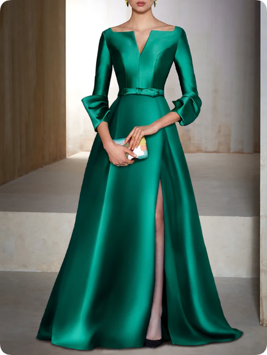 Elegant Satin Long-sleeve Prom Dress A-Line Evening Gown High Slit Party Dress Long Formal Dress DP6742