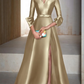 Elegant Satin Long-sleeve Prom Dress A-Line Evening Gown High Slit Party Dress Long Formal Dress DP6742