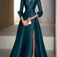 Elegant Satin Long-sleeve Prom Dress A-Line Evening Gown High Slit Party Dress Long Formal Dress DP6742