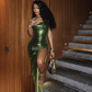 Elegant Green Spaghetti Strap Prom Dress Sheath Evening Gown High Slit Party Dress Long Formal Dress DP6743