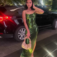 Elegant Green Spaghetti Strap Prom Dress Sheath Evening Gown High Slit Party Dress Long Formal Dress DP6743