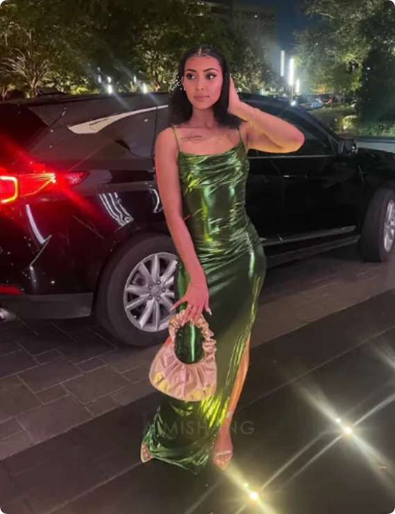 Elegant Green Spaghetti Strap Prom Dress Sheath Evening Gown High Slit Party Dress Long Formal Dress DP6743