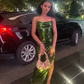 Elegant Green Spaghetti Strap Prom Dress Sheath Evening Gown High Slit Party Dress Long Formal Dress DP6743