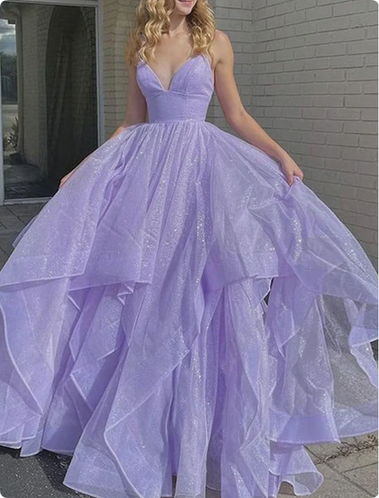 Vintage Lilac Glittering Tiered Spaghetti Strap Sweet 16 Quinceanera A-Line Floor-length Prom Dress Birthday Dress Evening Dress Ball Gown DP6744