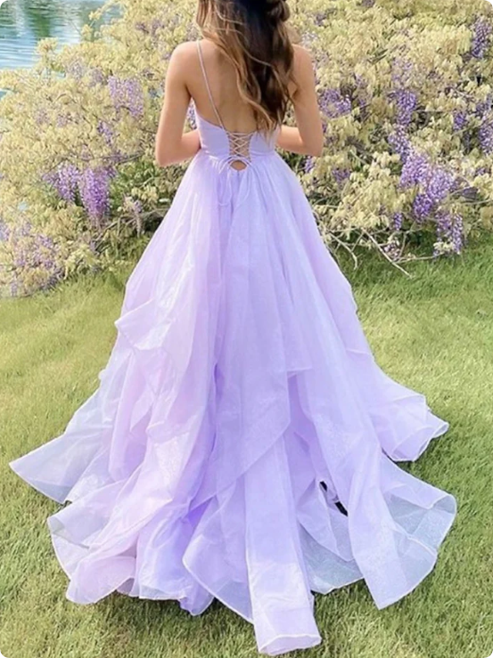 Vintage Lilac Glittering Tiered Spaghetti Strap Sweet 16 Quinceanera A-Line Floor-length Prom Dress Birthday Dress Evening Dress Ball Gown DP6744