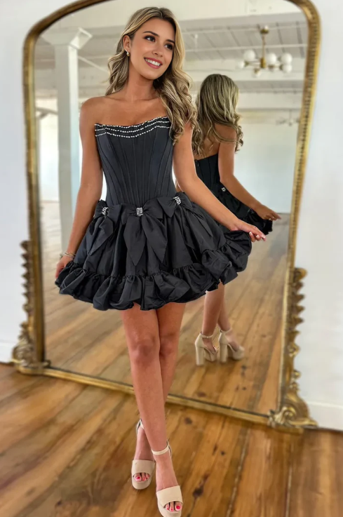 Vintage Beaded A-Line Homecoming Dress Strapless Party Dress Short Cocktail Dress DP6748