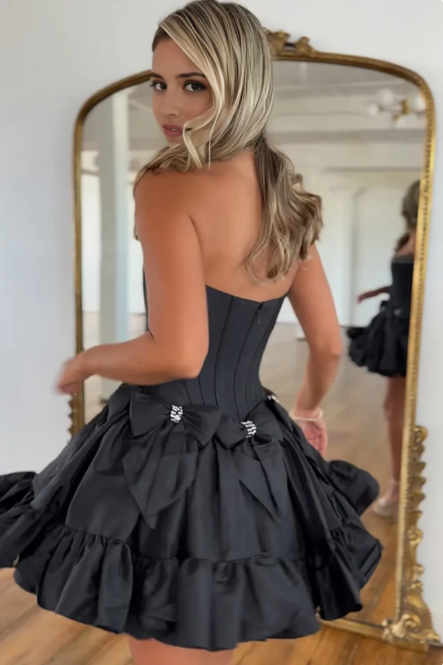 Vintage Beaded A-Line Homecoming Dress Strapless Party Dress Short Cocktail Dress DP6748