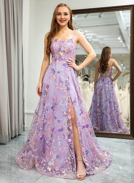 Elegant Floral Spaghetti Strap Prom Dress Sheath Applique Evening Gown High Slit Party Dress Long Formal Dress DP6750