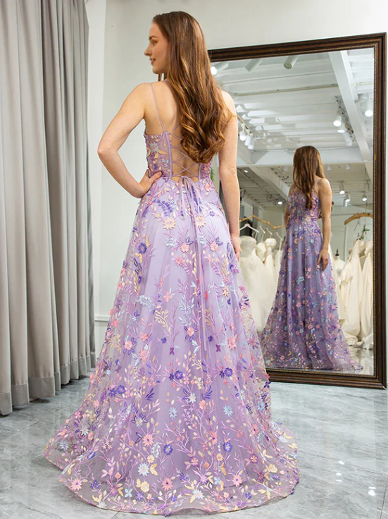 Elegant Floral Spaghetti Strap Prom Dress Sheath Applique Evening Gown High Slit Party Dress Long Formal Dress DP6750