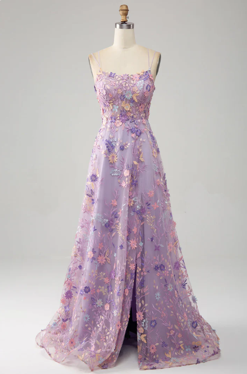 Elegant Floral Spaghetti Strap Prom Dress Sheath Applique Evening Gown High Slit Party Dress Long Formal Dress DP6750