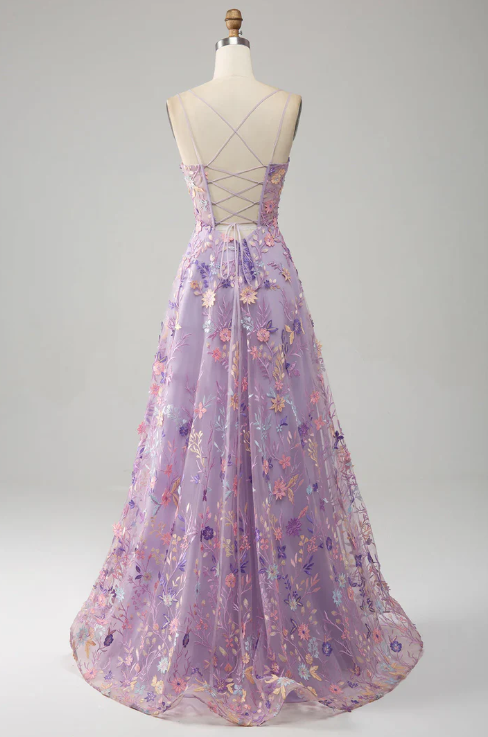 Elegant Floral Spaghetti Strap Prom Dress Sheath Applique Evening Gown High Slit Party Dress Long Formal Dress DP6750