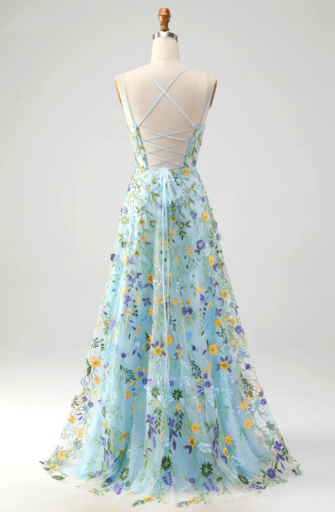 Elegant Floral Spaghetti Strap Prom Dress Sheath Applique Evening Gown High Slit Party Dress Long Formal Dress DP6750