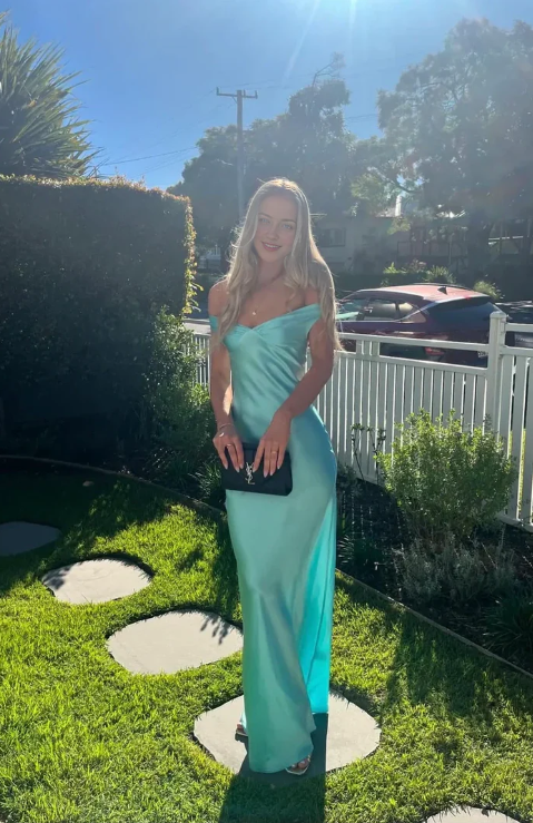 Elegant Aqua Satin Prom Dress Sheath Evening Gown Off-the-shoulder Party Dress Long Formal Dress DP6751