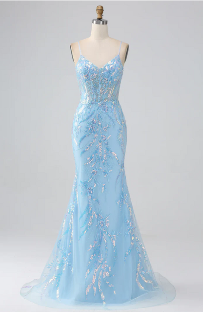 Elegant Light Blue Sequin Prom Dress Sheath V-neck Evening Gown Spaghetti Strap Party Dress Long Formal Dress DP6753