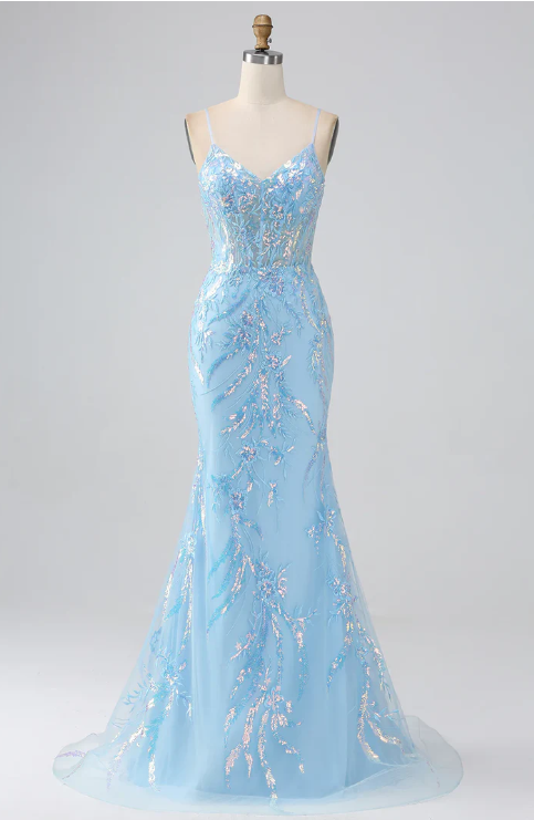 Elegant Light Blue Sequin Prom Dress Sheath V-neck Evening Gown Spaghetti Strap Party Dress Long Formal Dress DP6753