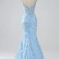 Elegant Light Blue Sequin Prom Dress Sheath V-neck Evening Gown Spaghetti Strap Party Dress Long Formal Dress DP6753