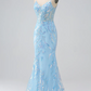 Elegant Light Blue Sequin Prom Dress Sheath V-neck Evening Gown Spaghetti Strap Party Dress Long Formal Dress DP6753