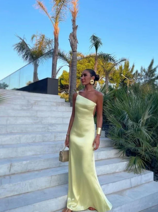 Elegant Yellow Satin Prom Dress One-shoulder Sheath Evening Gown Backless Party Dress Long Formal Dress DP6756