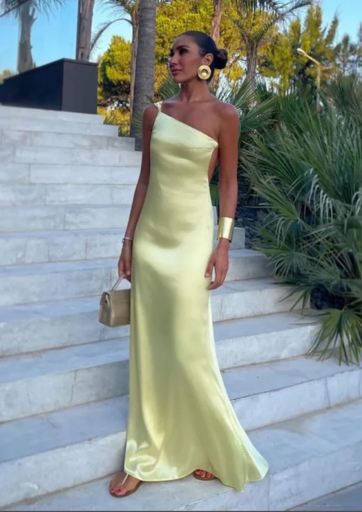 Elegant Yellow Satin Prom Dress One-shoulder Sheath Evening Gown Backless Party Dress Long Formal Dress DP6756