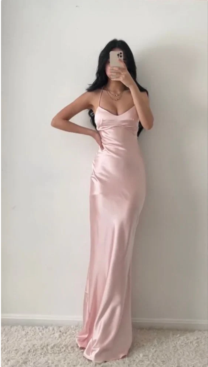 Elegant Pink Satin Prom Dress Sheath Evening Gown Backless Party Dress Long Formal Dress DP6757