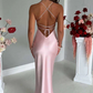 Elegant Pink Satin Prom Dress Sheath Evening Gown Backless Party Dress Long Formal Dress DP6757