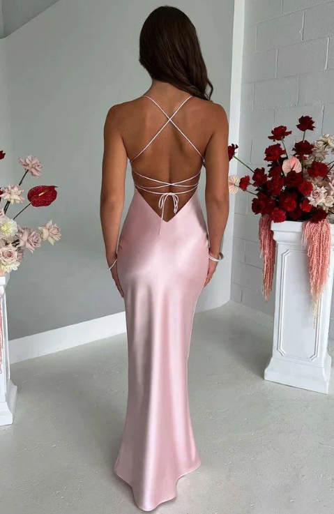 Elegant Pink Satin Prom Dress Sheath Evening Gown Backless Party Dress Long Formal Dress DP6757