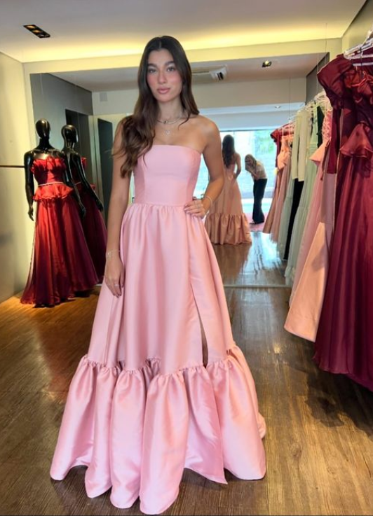 Elegant Pink Strapless Prom Dress A-Line Satin Evening Gown Party Dress Long Formal Dress DP6759