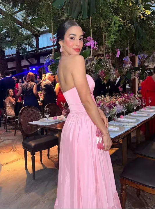 Elegant Pink Strapless Prom Dress A-Line Satin Evening Gown Party Dress Long Formal Dress DP6759