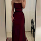 Robe de soirée fourreau bordeaux élégante à bretelles spaghetti, robe de soirée longue et formelle DP6760