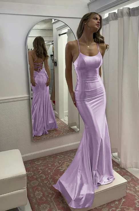 Robe de soirée fourreau élégante en satin à bretelles spaghetti, robe de soirée longue et formelle DP6761